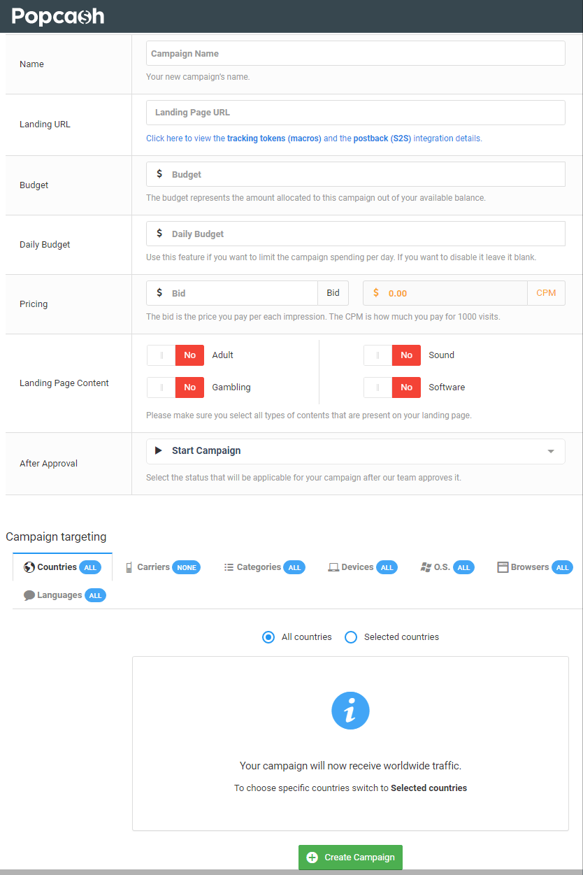 Create a new campaign PopCash Net